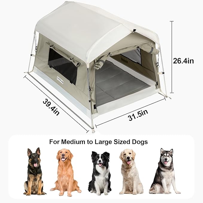 Dog Tent Cotton Fabric, Aluminum Poles and Camping Mat, Outdoor Weatherproof, Dog House Outdoor, Breathable with 2 Side Windows, Portable and Collapsible (Gray, Large)-PurrikoPets