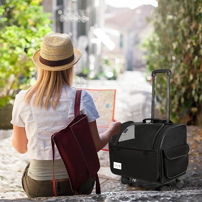 Dog Travel Bag with Removable Rolling Wheels, Airline Approved Pet Carrier, Foldable Cat Bag with Breathable Mesh, Pet Stroller(Black)-PurrikoPets