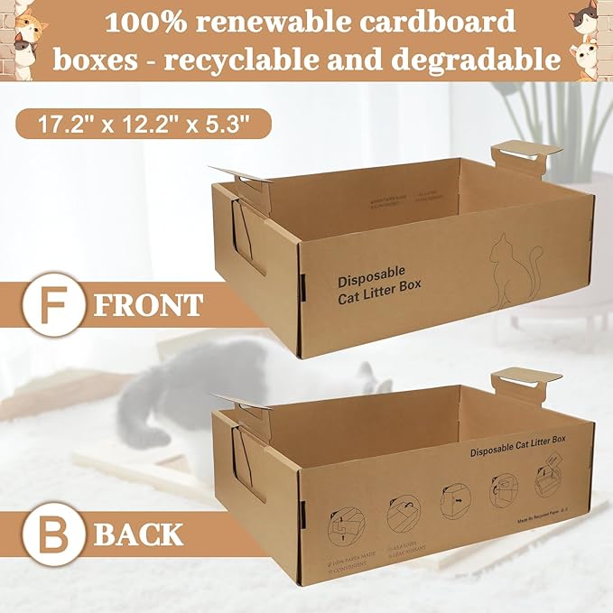 3-Pack Disposable Litter Boxes for Cats,Disposable 100% Renewable Cardboard Foldable Litter Boxes,Large-Capacity Portable Cardboard Cat Litter Box,Waterproof Travel Litter Box,17.2'' x 12.2'' x 5.3''-PurrikoPets