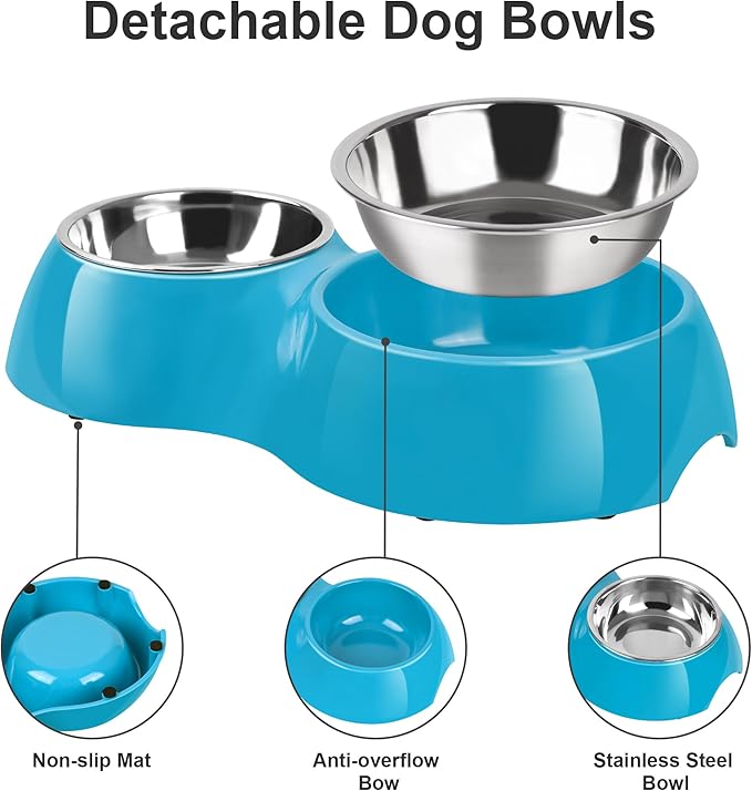 Elevated Dog Bowls Set - Non-Slip Raised Pet Feeder with Medium (2 Cups) & Large (4 Cups) Stainless Steel Bowls - Includes Durable Resin Stand for Puppies, Adult Dogs & Cats - Blue-PurrikoPets