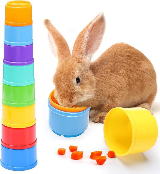 8 Pcs Stacking Cups for Rabbits - Safe Reusable Bunny Toys in Different Sizes, Durable Rainbow Colored Nesting Toys for Small Animals Bunny Hiding Food Playing Bunny Gifts-PurrikoPets