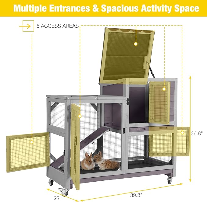 Aivituvin Rabbit Cage Indoor Outdoor Bunny Hutch on Wheels, 2 Story Wood Guinea Pig Cages with 2 Deeper Pull Out Trays (Gray)-PurrikoPets