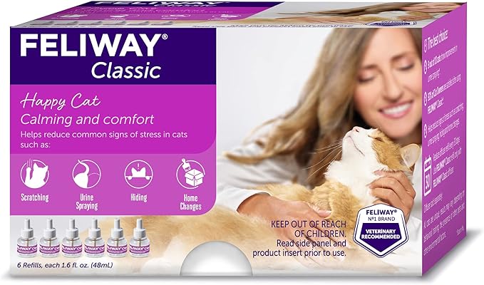 FELIWAY® Classic 6 x 30 Day Cat Calming Refills for Pheromone Diffuser, 6 x 48ml Value Pack - Helps Reduce Common Signs of Stress in Cats & Kittens, Enhanced Calming-PurrikoPets