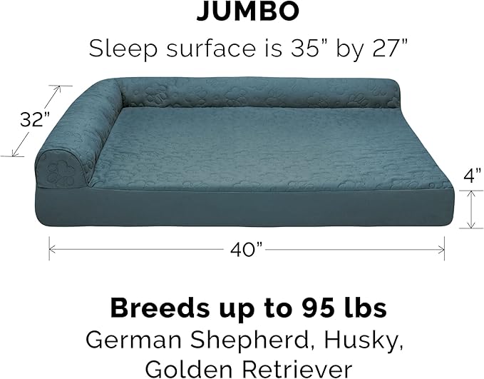 Furhaven Cooling Gel Dog Bed for Large Dogs w/ Removable Bolsters & Washable Cover, For Dogs Up to 95 lbs - Pinsonic Quilted Paw L Shaped Chaise - Bluestone, Jumbo/XL-PurrikoPets