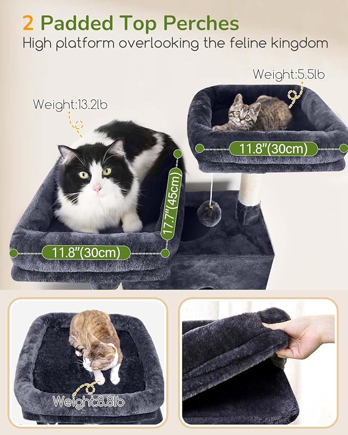 Globlazer Large Cat Tree Tower Condo, 80in Tall Cat Tree for Multiple Indoor Cats Large Adult, XXL Big Cat Climbing Tower with Cat Caves, Sisal Scratching Posts, Top Perches, Hammock, S80B, Dark Gray-PurrikoPets