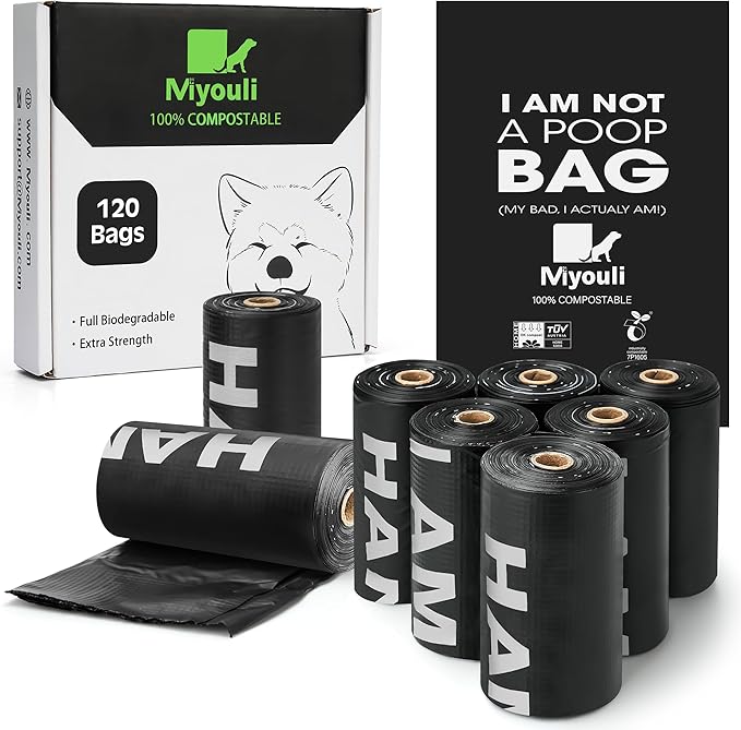 100% Certified Compostable Dog Poop Bag Rolls, 120 Bags (8 Rolls) Eco-Friendly Poop Bags for Dogs, Leak Proof Unscented Easy Open Poop Waste Bag（Black）-PurrikoPets