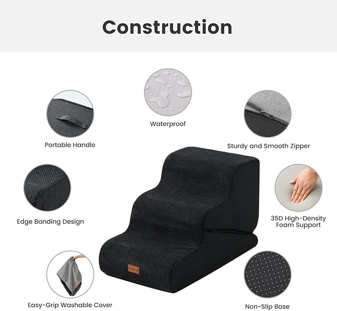 Gardner Pet Dog Stairs for Small Dogs 16.5" H, 2 in 1 Transformable 3-Step Pet Stairs and Dog Ramp for Couch (13-20 in), Black Adjustable Pet Steps with Non-Slip Waterproof Cover and CertiPUR-US Foam-PurrikoPets