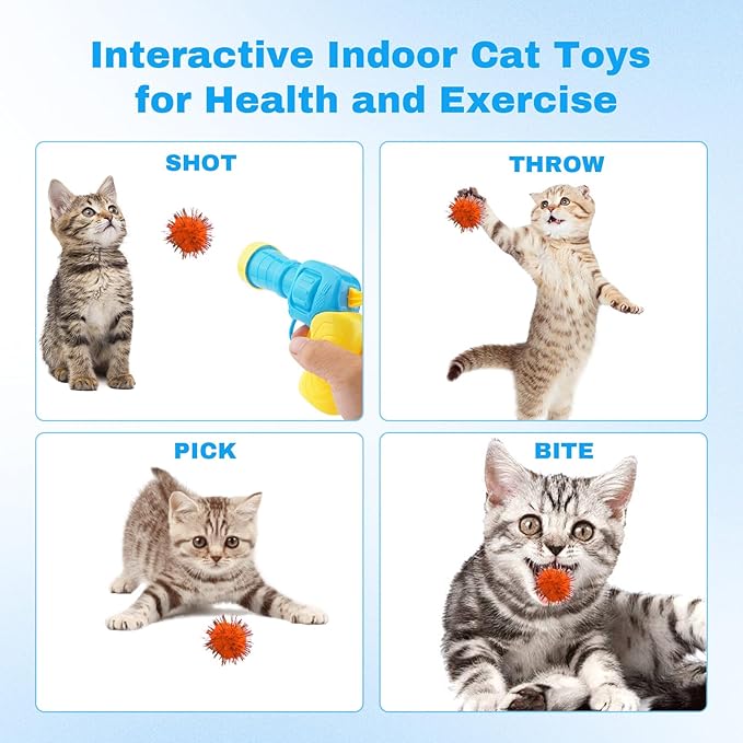 102Pcs Cat Toy Gun Launcher - 100 Sparkle Pom Pom Balls and 2 Ball Launchers, Interactive Fetch Toy Shooter for Indoor Cats and Kitty-PurrikoPets