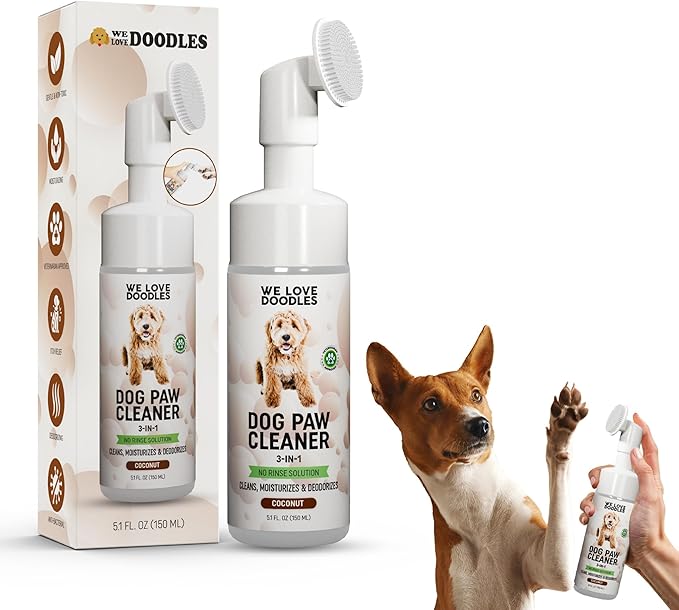 Dog Paw Cleaner (Over 100+ Feet Cleanings) No-Rinse Dog Foot Washer, Gentle and Safe Paw Cleaner for Dogs and Cats, Foam Formula, Moisturizes and Deodorizes, 150mL (Coconut) [We Love Doodles]-PurrikoPets