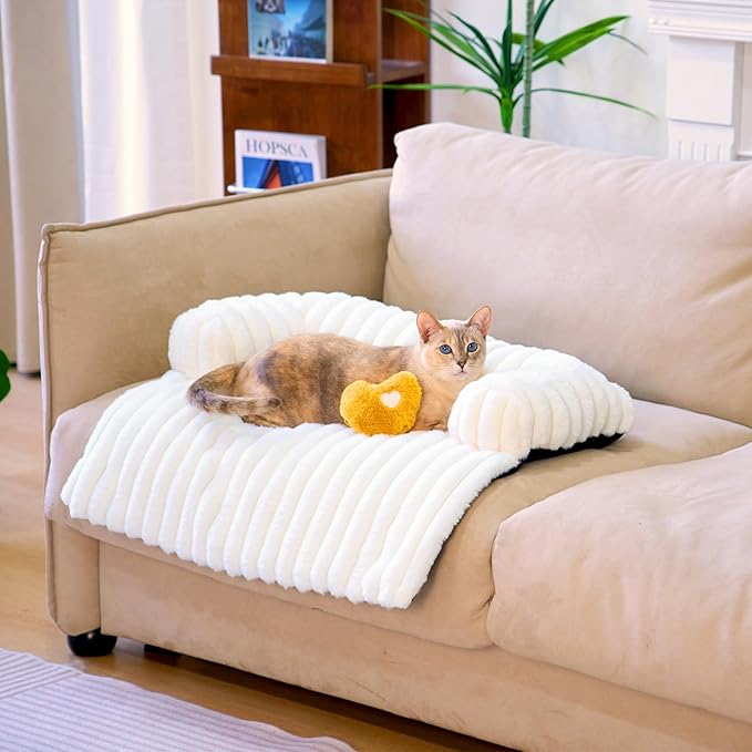 FUNNY FUZZY Pet Couch Cover for Sofa, Calming Dog Bed for Couch, Fluffy Plush Cat Bed Mat for Furniture Protector for Small Dogs and Kitten, 27×24 in, Cream White-PurrikoPets