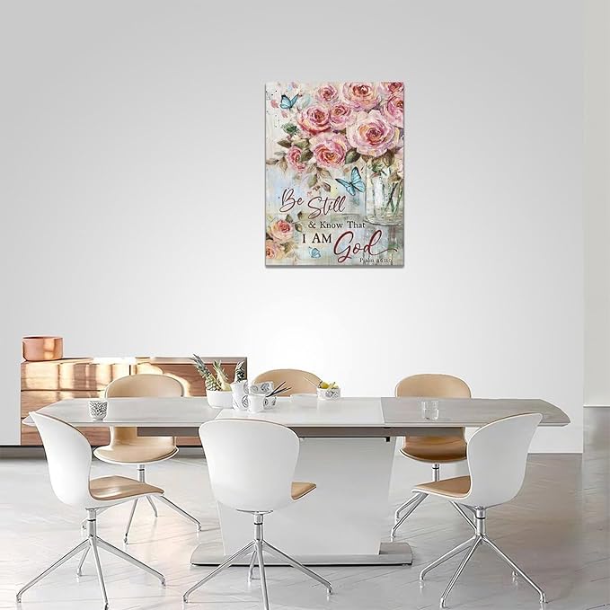 Farmhouse Rose Wall Art Christian Scripture Pictures Pink Rose Wall Decor Rustic Floral Butterfly Canvas Print Painting Artwork for Bathroom Living Room Bedroom 12"x16"-PurrikoPets