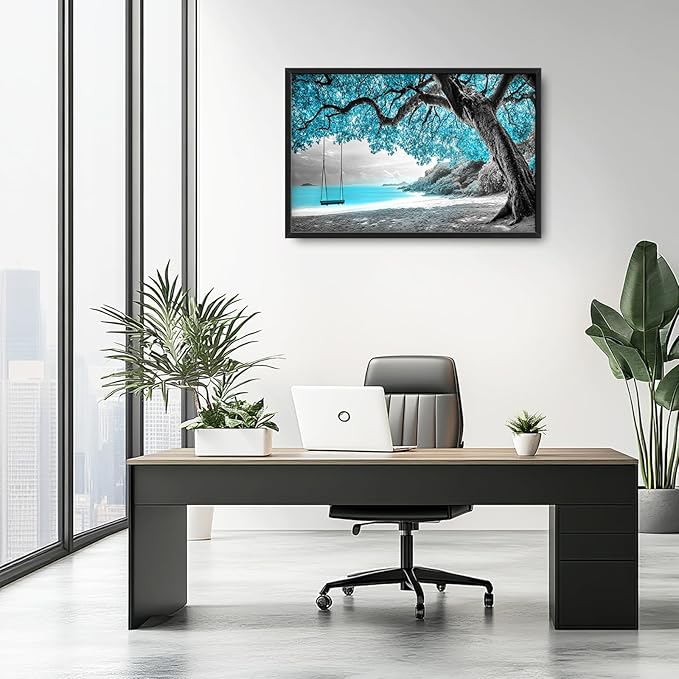 Extra Large Framed Abstract Tree Wall Art,Black and White Tree of Life Wall Decor,Blue Teal Sea Pictures for Living Room,Canvas Print Painting Modern Artwork Bedroom Office Bathroom 36L x 24W-PurrikoPets