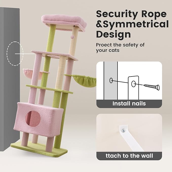 Gardner Pet 65in Heavy Duty Cat Tree Tower for Large Cats, Multi-Level Cat Furniture with Replaceable Sisal Scratching Post, Hammock | Extra-Large Platform & Condo (Pink&Green, Basic φ:2.84")-PurrikoPets