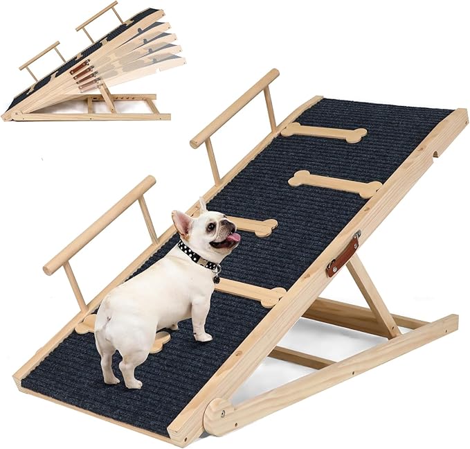 Dog Ramp for Bed, Non-Slip Pet Ramp with 5 Adjustable Heights, Portable Foldable Wooden 40" Long Pet Stairs for Small & Large Old Dogs & Cats - Lightweight & Easy Storage-PurrikoPets