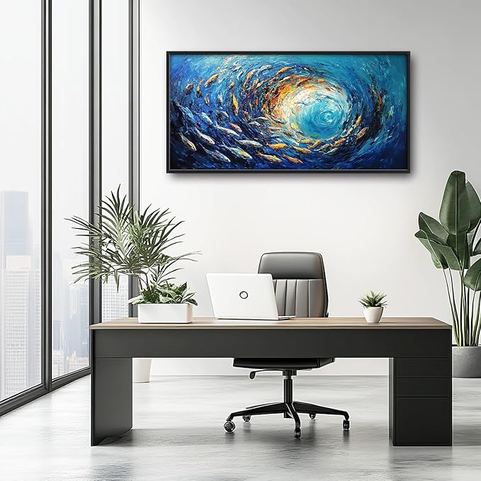 Extra Large Framed Abstract Ocean Fish Wall Art,Oversized Blue Sea Nautical Fish Wall Decor Pictures for Living Room,Canvas Print Painting Modern Artwork Bedroom Office Bathroom Home Decor 60L x30W-PurrikoPets