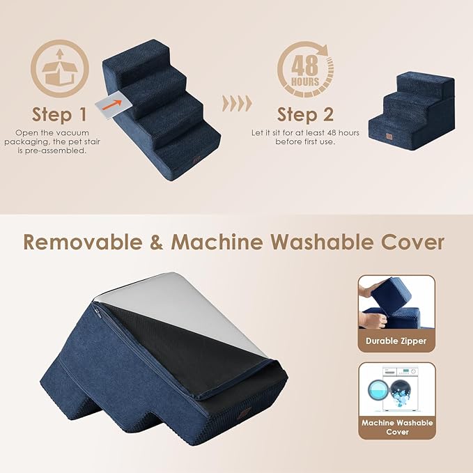 EHEYCIGA Dog Stairs for Small Dogs 13.5" H, 3-Step Dog Steps for Couch Sofa and Chair, Pet Steps for Medium Cats, Non-Slip Balanced Pet Ramp Indoor, Navy Blue-PurrikoPets