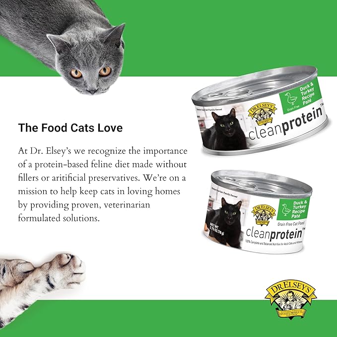 Dr. Elsey's cleanprotein Duck & Turkey Recipe Wet Cat Food, Pate 5.3 oz cans (Pack of 24)-PurrikoPets