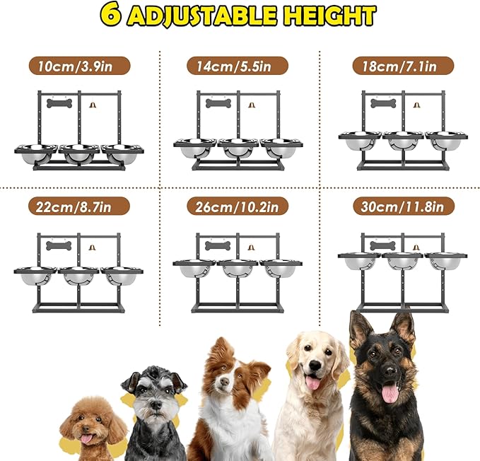 Elevated Dog Bowl Stand for Medium/Large Dogs with Slow Feeder & Mat, Adjustable Height 3.9'',5.5'',7.1'',8.7'',10.2'',11.8'', 58oz Raised Triple Dog Food Water Bowls-PurrikoPets