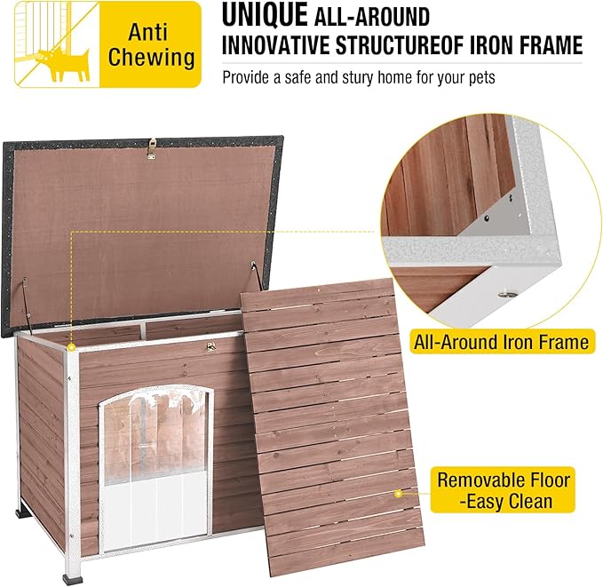 Dog House Outdoor & Indoor Wooden Dog Kennel for Winter with Raised Feet Weatherproof for Small & Medium & Large Dogs,Unique All-Around Iron Frame，Light Brown-PurrikoPets