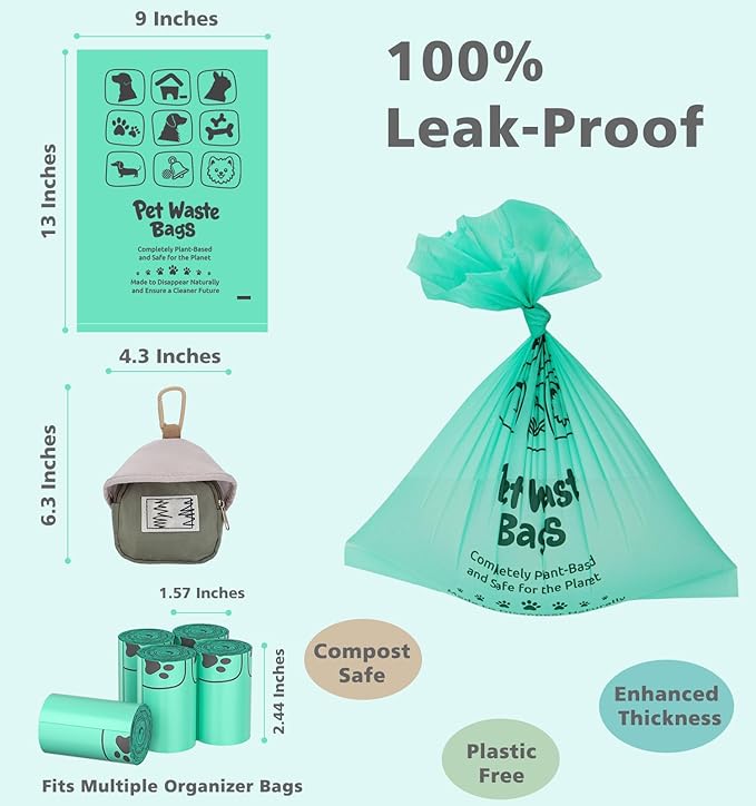 100% Compostable Dog Poop Bags, 270Count Value Pack, BPI Certified, Biodegradable Leakproof Thick Poop Bags for Dogs with Dispenser, Plant-Based, ASTM D6400 & EN 13432 Compliant Pet Waste Bag-PurrikoPets