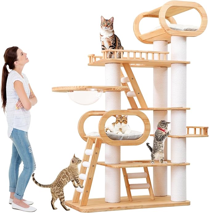 77‘’ Modern Cat Tree, Tall Wood Cat Tower for Indoor Cats Large Adult, Heavy Duty Cat Tree with Scratching Post, Luxury Kitty Condo, Sturdy Cat Furniture with 1 Transparent Bed and 3 Climb Labber-PurrikoPets