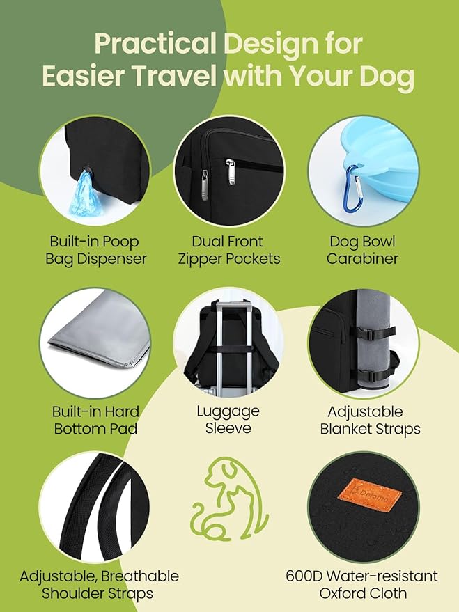 Dog Travel Bag, 25L Airline Approved Dog Travel Backpack for Pet Travel Accessories with 2 Food Storage Containers, 2 Foldable Bowls for Short Trips, Black-PurrikoPets