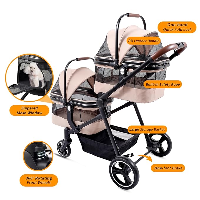 Foldable Double Pet Stroller for 2 Small Medium Cats Dogs, Lightweight Single and Double Integrated Pet Stroller with Detachable Carriers-PurrikoPets