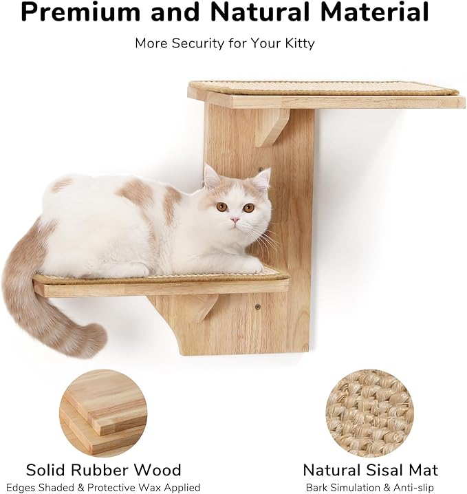 FUKUMARU Cat Wall Shelves, 2 Platform Kitten Wall Furniture, Tree Shape Wall-Mounted Floating Shelf with Sisal Mat, Solid Rubber Wood Cats Perch for 16 Inch Drywall, Suitable for Climb, Play, Nap-PurrikoPets