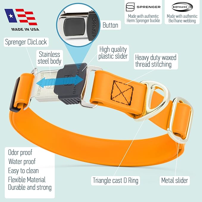 Dogline Biothane Waterproof Dog Collar with Herm Sprenger Black Stainless Steel Quick Release Buckle – Heavy Duty Tactical Durable Collar for Dogs – Comfortable Pet Collar W3/4" L12-19 Tangerine-PurrikoPets