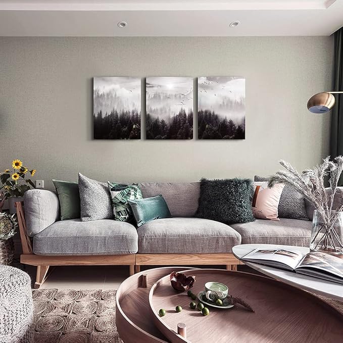 Framed Canvas Art - Boho Wall Decor Set of 3: Foggy Forest Trees Scenery for Living Room, Bedroom, Office, Farmhouse, Home Decoration-PurrikoPets