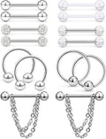 Hoeudjo 14Pcs 14G Surgical Steel Chain Dangle Nipple Rings Barbell Piercing Jewelry Retainer for Women