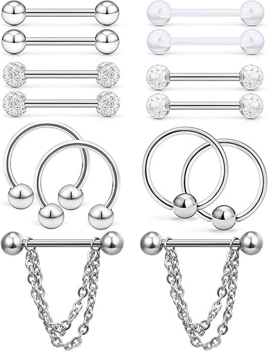 Hoeudjo 14Pcs 14G Surgical Steel Chain Dangle Nipple Rings Barbell Piercing Jewelry Retainer for Women