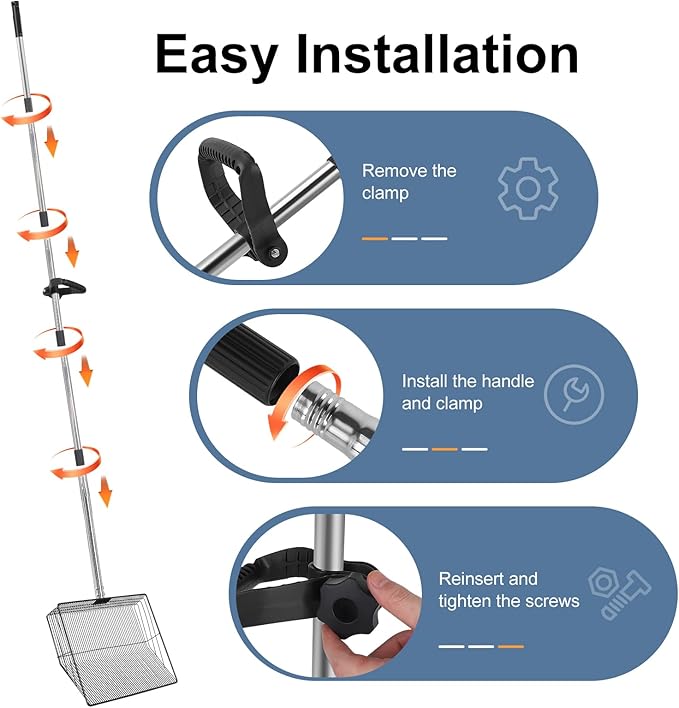 15inch Large Chicken Poop Scooper with Ergonomic Grip, 5 in 1 Adjustable Chicken Coop Pooper Shovel (24 to 76.5"), Stainless Steel Litter Sifting Shovel Scoop for Chicken Coop/Goat Stall/Stable-PurrikoPets