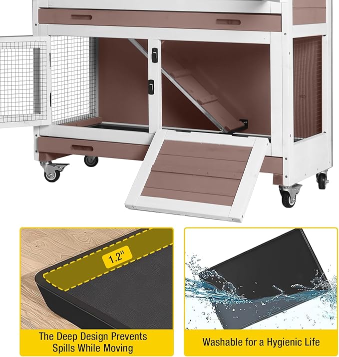 AIVITUVIN Wooden Rabbit Hutch Indoor Outdoor Rabbit Cage with Two Removable Trays Bunny Cage on Wheels Pet House Guinea Pig Cage 2 Story (Brown)-PurrikoPets