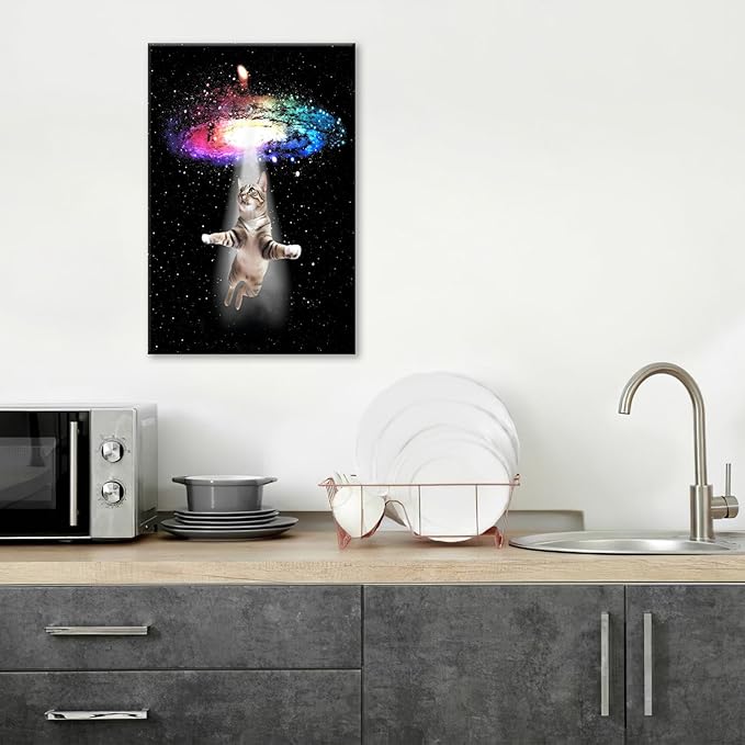 Funny Cat Wall Art Canvas Galaxy Wall Decor Prints Framed Painting Animal Pictures Gifts Artwork for Bathroom Living Dining Kitchen 16"x24"-PurrikoPets