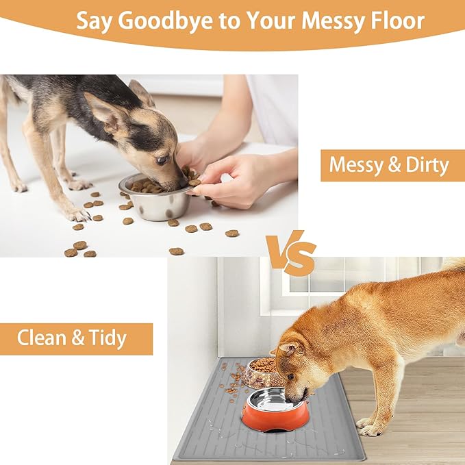 24" x 16" Dog Food Mat, Silicone Pet Mats for Food and Water, Nonslip Pet Feeding Mats for Floors, Dog Cat Bowl Mat with Raised Edges, Beige-PurrikoPets