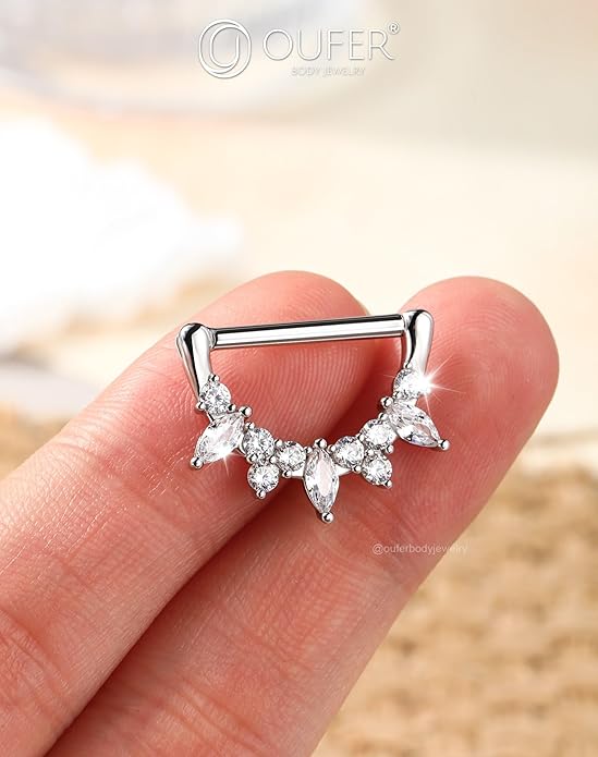 OUFER 2PCS Shield Nipple Rings for Women, 316L Surgical Steel Nipple Piercing Jewelry, Clear CZ Clicker Body Piercing Jewelry Barbells-14mm