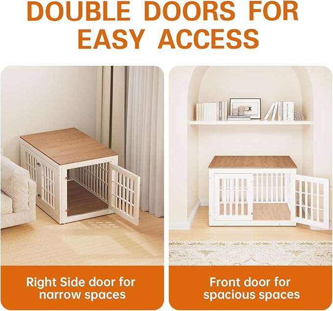 42" Heavy Duty Dog Crate Furniture for Small,Medium and Large Dogs,Rustic Wooden Dog Cage Kennel Indoor Furniture with Waterproof Top,Decorative Pet House Side End Table (White & Wood)-PurrikoPets