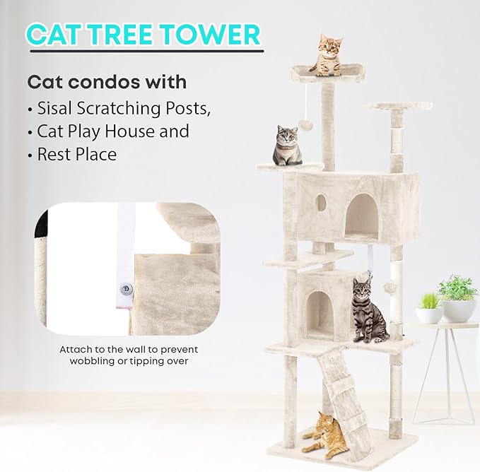 FDW Cat Tree 70in Cat Tower Multi-Level Durable Cat Scratching Post & Cozy Fun Cat Jumping Platform Space Saving Cat Condo Pet Play House for Indoor Cats,Beige-PurrikoPets