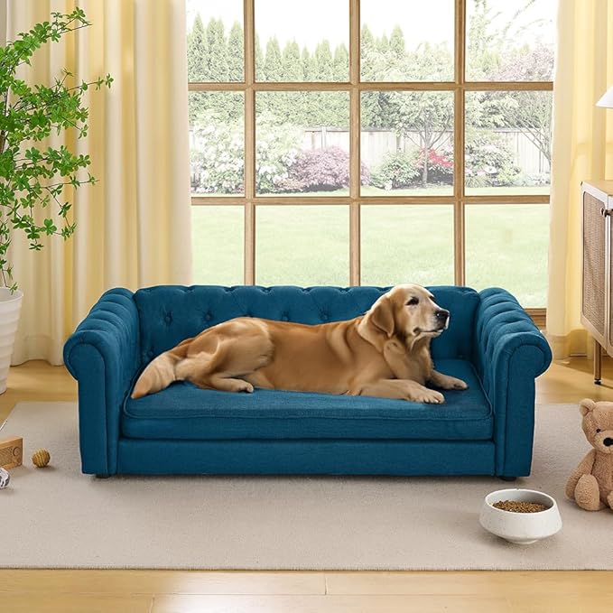 Dog Sofa Couch for Medium to Large Dogs, 55" Memory Foam Pet Sofa Couch with Washable Fabric, Durable Elevated Dog Bed with Legs, Removable Cushion for Medium and Large Dogs, Blue-PurrikoPets