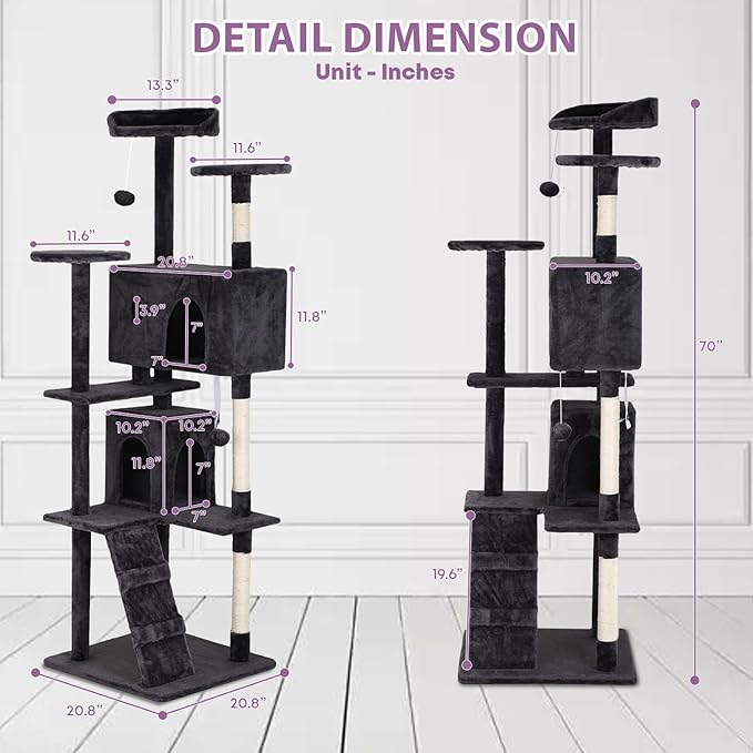 70 inches Cat Tower for Indoor Cats Multi-Level Cat Condos for XL Cat Tree Cat Climbing Tower with Scratching Posts, Hanging Toys,Dark Gray-PurrikoPets