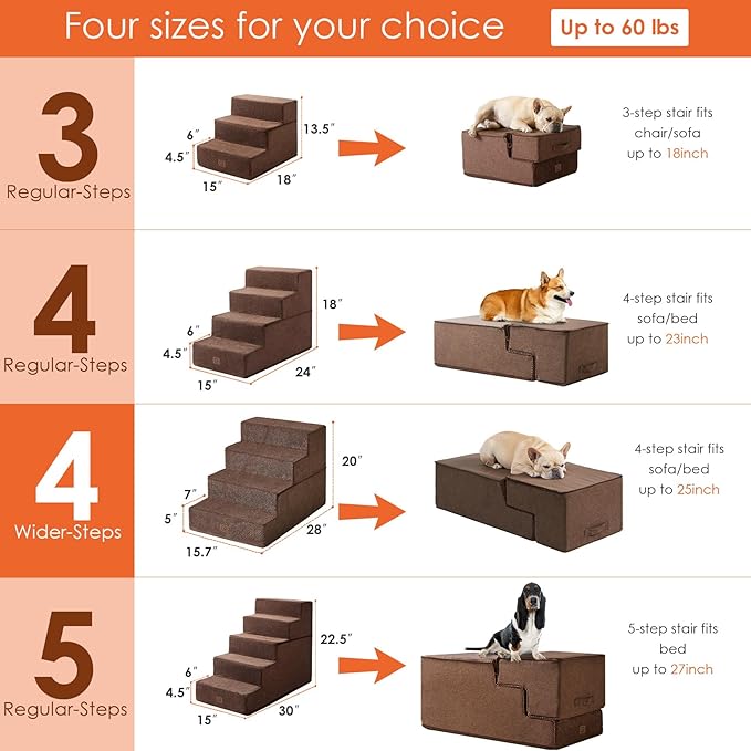 EHEYCIGA Dog Stairs for Bed 20" H, 4-Step Extra Wide Dog Steps for High Bed, Pet Steps for Small Dogs and Cats, Non-Slip Balanced Pet Ramp Indoor, Brown-PurrikoPets