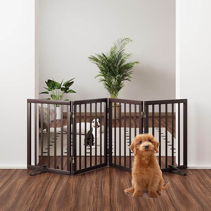 Freestanding Dog Gate Folding Brown Dog Gates for The House Doorways Stairs Pet Gates for Dogs, Doogie Puppy Fence Gate-PurrikoPets