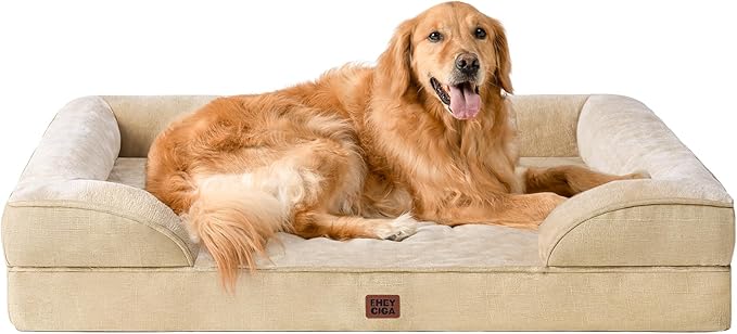 EHEYCIGA Orthopedic Dog Beds for Large Dogs, Waterproof Memory Foam Large Dog Bed with Sides, Non-Slip Bottom and Egg-Crate Foam Pet Couch Bed with Washable Removable Cover, Greige-PurrikoPets