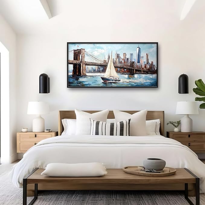 Extra Large Sailboat Framed Wall Art for Living Room,Oversized New York Brooklyn Bridge Pictures Wall Decor,Cityscape Canvas Print Painting Modern Artwork Bedroom Office Bathroom 60L" x 30W"-PurrikoPets