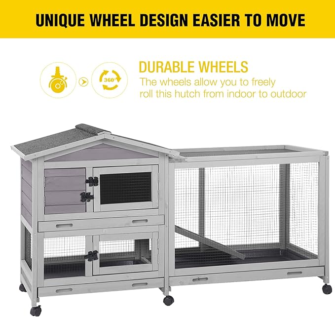 Aivituvin Rabbit Hutch Outdoor Rabbit Cage Indoor with Casters Bunny Cage Chikcen Coop for Small Animals with Pull-Out Tray(Grey)-PurrikoPets