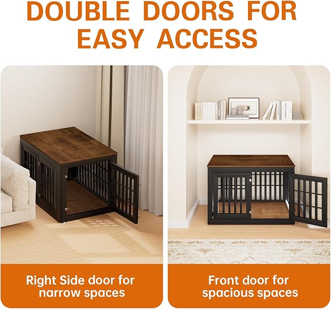 42" Heavy Duty Dog Crate Furniture for Small,Medium and Large Dogs,Rustic Wooden Dog Cage Kennel Indoor Furniture with Waterproof Top,Decorative Pet House Side End Table (Black & Wood)-PurrikoPets