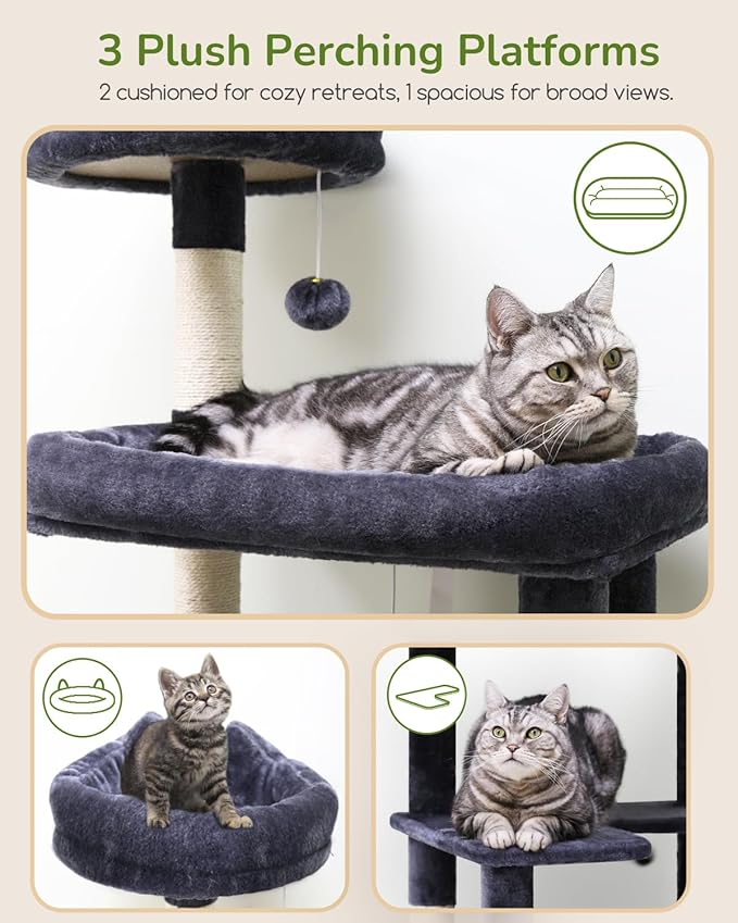 Globlazer Heavy Duty Cat Tree Tower, 73in Tall Cat Tree for Indoor Cats Large Adult, Cat Condo for Large Cats with 5 Scratching Posts, 2 Cat Caves, 2 Padded Perches, 2 Hanging Baskets, F73, Dark Gray-PurrikoPets