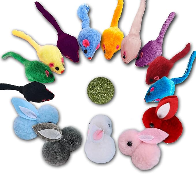Furry Cat Toys Mice Rattle Interactive Mouse Toy for Indoor Cats Catnip Ball Pet Play Fur Ball Rabbit Assorted Color-PurrikoPets
