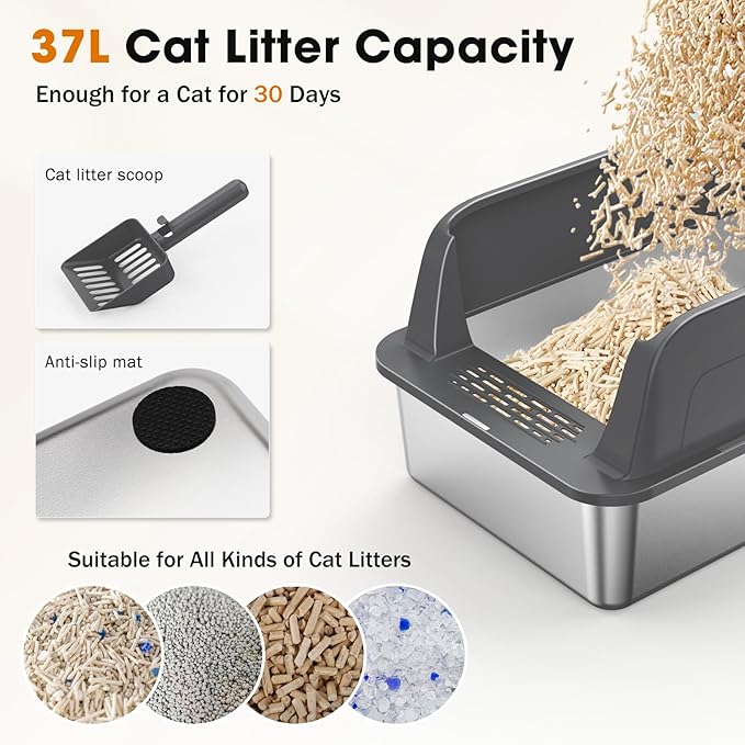 2PACK Stainless Steel Litter Box, Extra Large Litter Boxes for Big Cats, XL Metal Cat Litter Box with Lid High Sides, Anti-Urine Leakage, Non-Sticky, Scoop Included-PurrikoPets